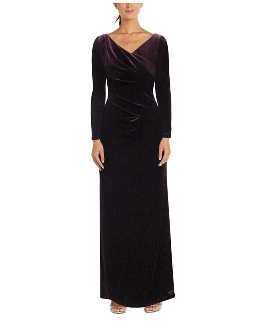 Nightway Black Solid Ruched Long-sleeve Velvet Dress