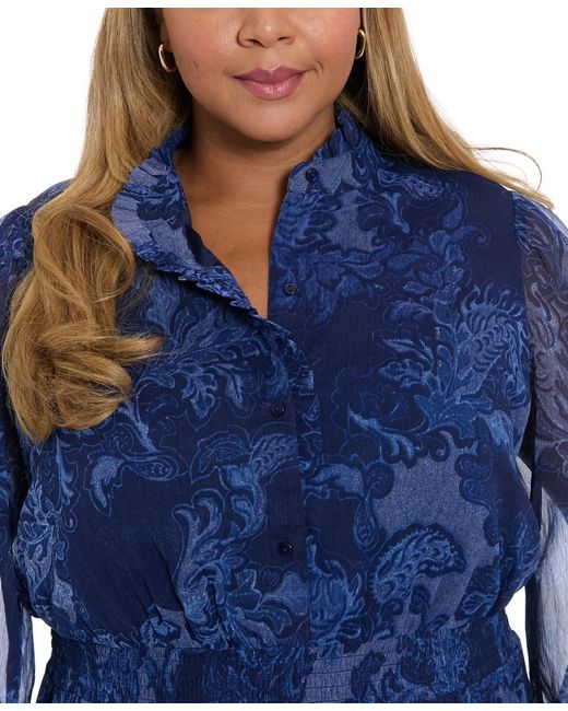 London Times Blue Plus Size Printed Long Sleeve A-line Dress