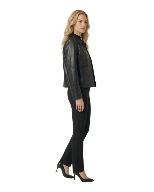 Modenaire Black Leather Button-front Collared Jacket