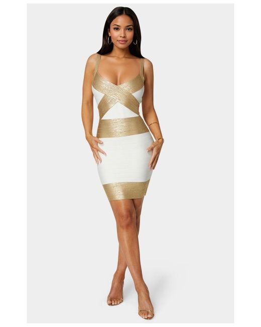 bebe gold bandage dress Color Block in White herve leger gold bandage dress