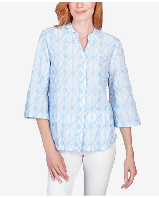 Ruby Rd Blue Petite Trellis Embroidered Cotton Button Front Top
