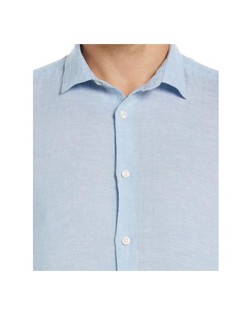 Perry Ellis Blue Solid Long Sleeve Linen Button-front Shirt for men