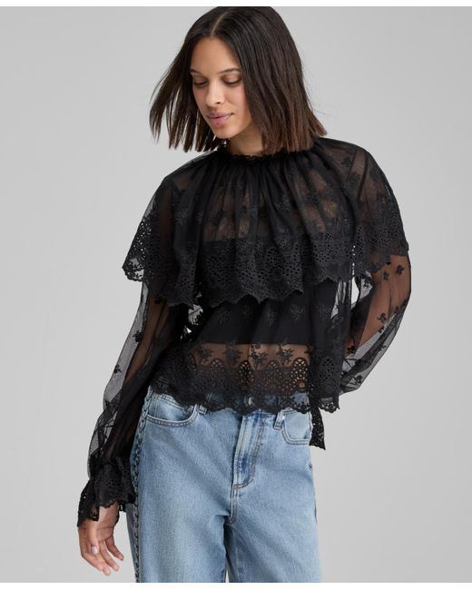 And Now This Women's Black Sheer Embroidered Capelet Blouse