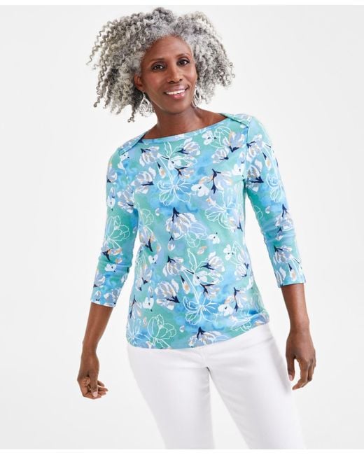 Style & Co. Blue Pima Cotton Printed 3/4 Sleeve Boat-neck Top