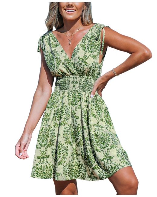CUPSHE Green Damask Sleeveless Smocked Waist Mini Beach Dress