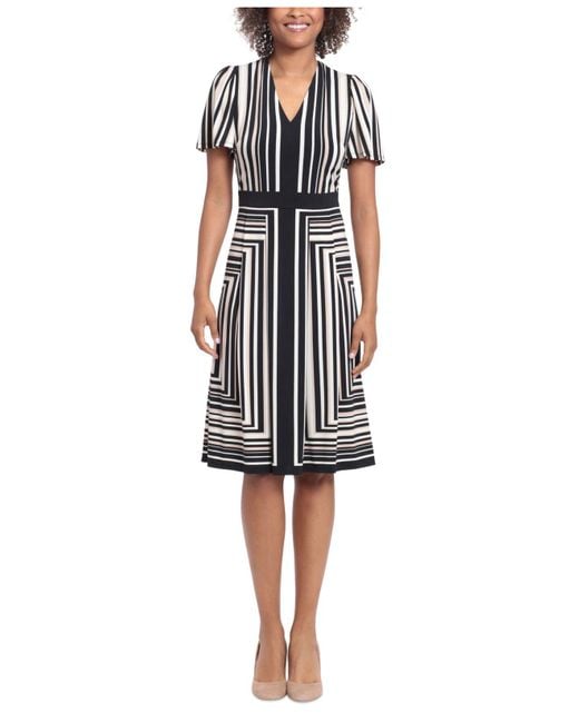 London Times Synthetic Striped V-neck Flutter-sleeve Midi Dress in