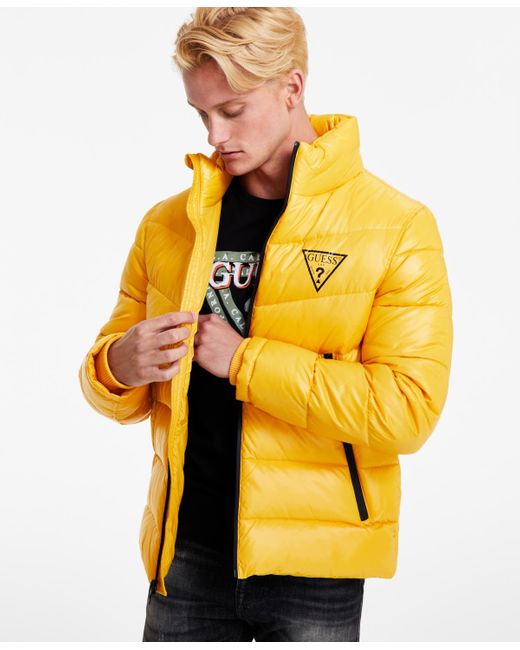 Guess Hooded Puffer Coat in Yellow for Men | Lyst