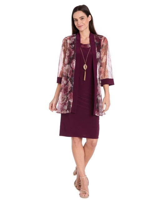 R & M Richards Red Petite Printed Scoop Neck Jacket Dress
