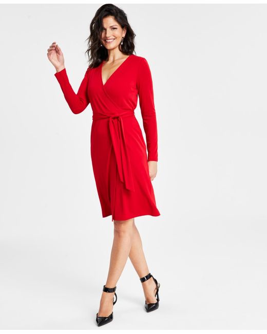 INC International Concepts Red Long-sleeve Wrap Dress