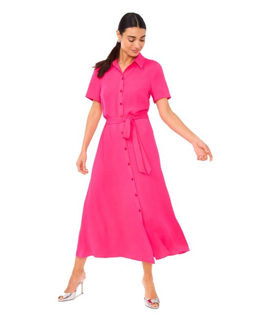 Cece Pink Short-sleeve Belted Midi Shirtdress