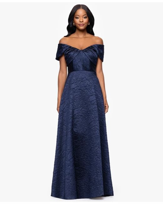 Betsy & Adam Blue Brocade Off-the-shoulder Long A-line Dress