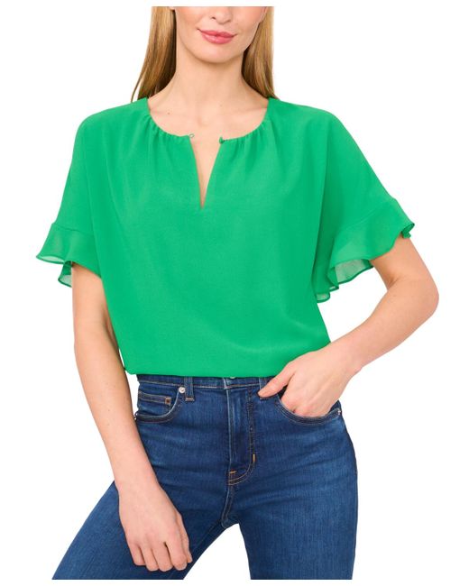 Cece Green Short-sleeve Half Button Flowy Blouse