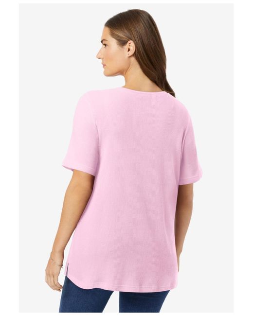 Woman Within Pink Plus Size Within Waffle Thermal Satin Trim Tee