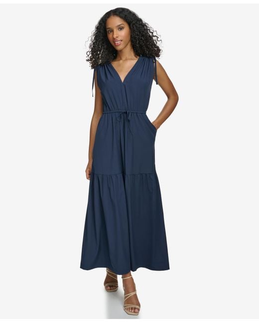 Calvin Klein Blue Tie-shoulder Tiered Midi Dress