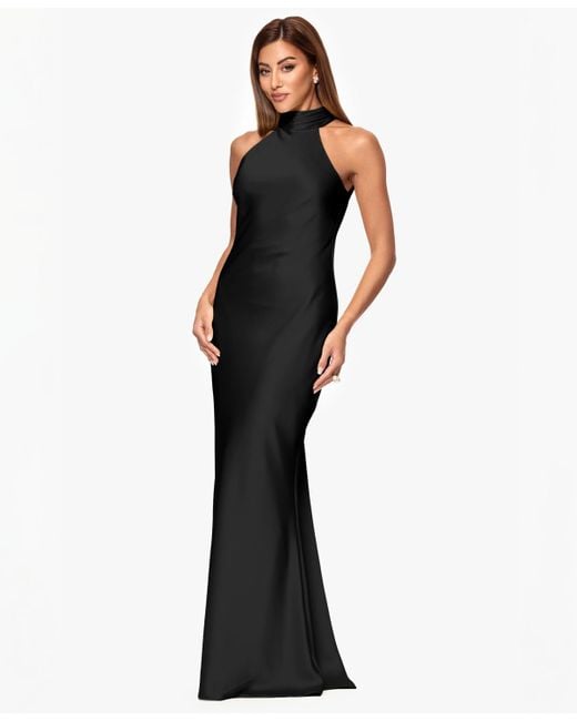 Xscape Black Tie Neck Long Dress