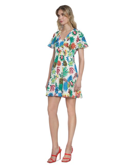 Donna Morgan Blue Cotton Tropical-print Mini Dress