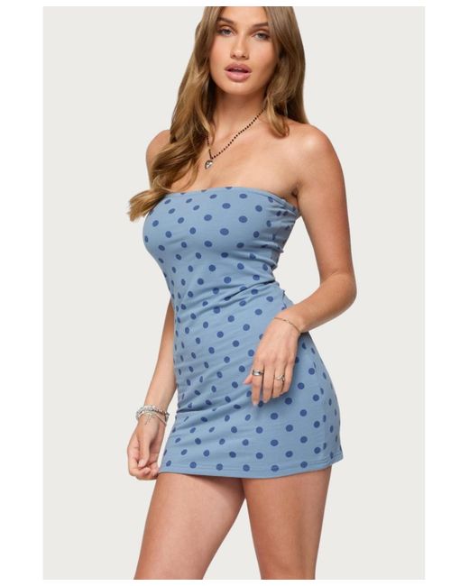 Edikted Blue Lewis Polka Dot Strapless Mini Dress
