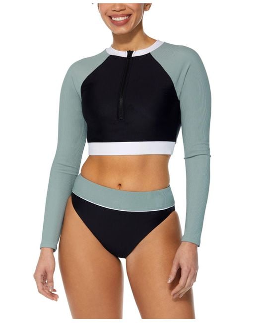 Reebok Blue Colorblocked Cropped Rash Guard Swim Top & High-waist Bikini Bottoms