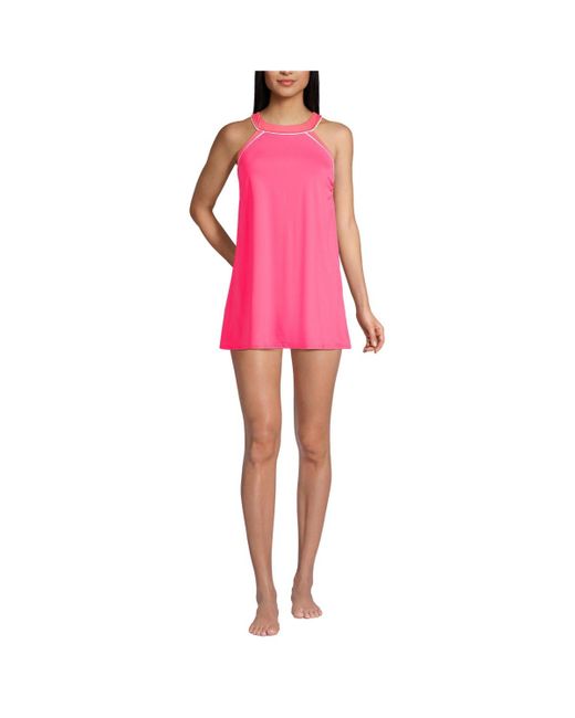 Lands' End Pink Chlorine Resistant High Neck Swim Dress One Piece Swimsuit