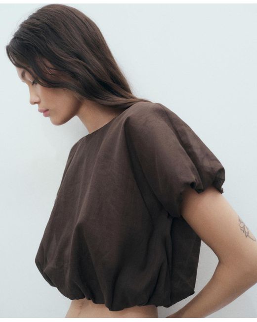 Mango Black Ramie Cropped Balloon Blouse