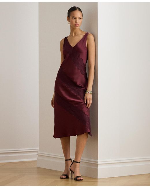 Ralph Lauren Women's Red Lace-trim Charmeuse Cocktail Dress Ralph Lauren Women's Red Lace-trim Charmeuse Cocktail Dress