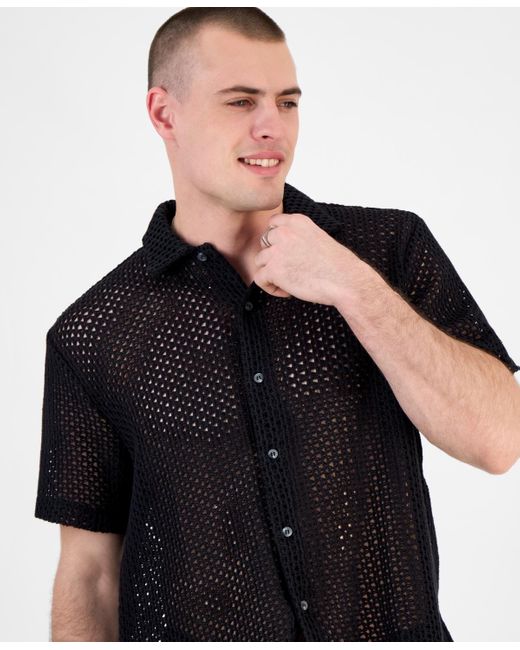 Guess Black Relaxed-fit Open Mesh-knit Button-down Shirt for men