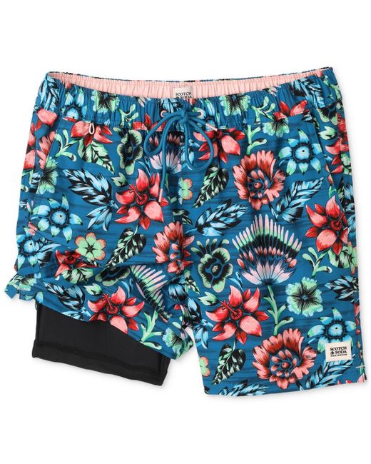 Scotch & Soda Blue Full Bloom Floral Drawstring Swim Trunks for men