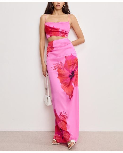 GOOD AMERICAN Pink Satin Placed-floral Maxi Skirt