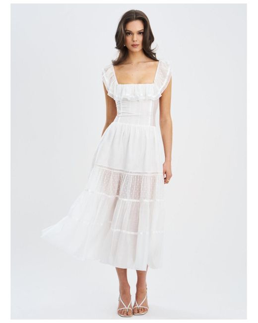 Miss Circle White Eden Square Neck Ruffle Trim High Waist Midi Dress