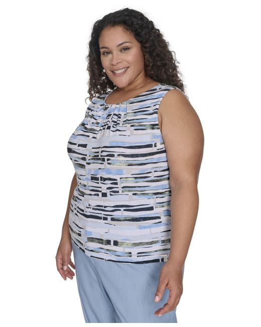 Calvin Klein Blue Plus Size Pleated Print-neck Top