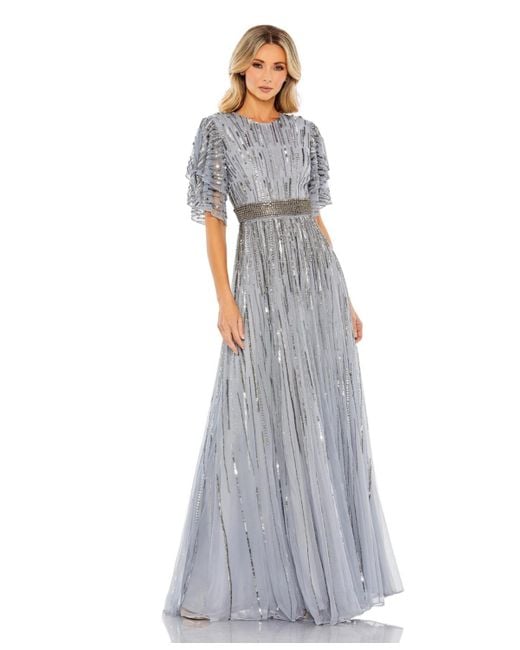 Mac Duggal Gray Embellished Full Length Layered Sleeve Gown