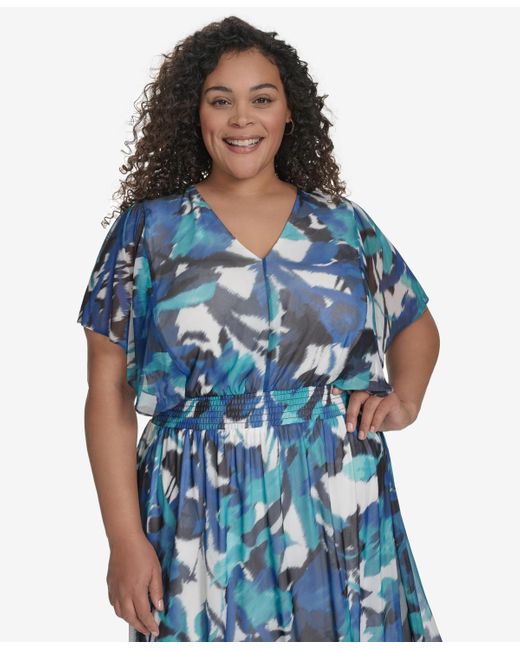 DKNY Blue Plus Size Printed Flutter-sleeve Midi Dress