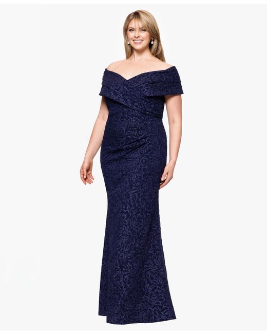 Betsy & Adam Blue Plus Size Off-the-shoulder Jacquard Dress