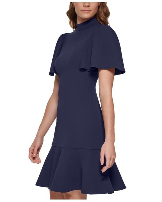 Calvin Klein Blue Mock-neck Flare-sleeve Dress
