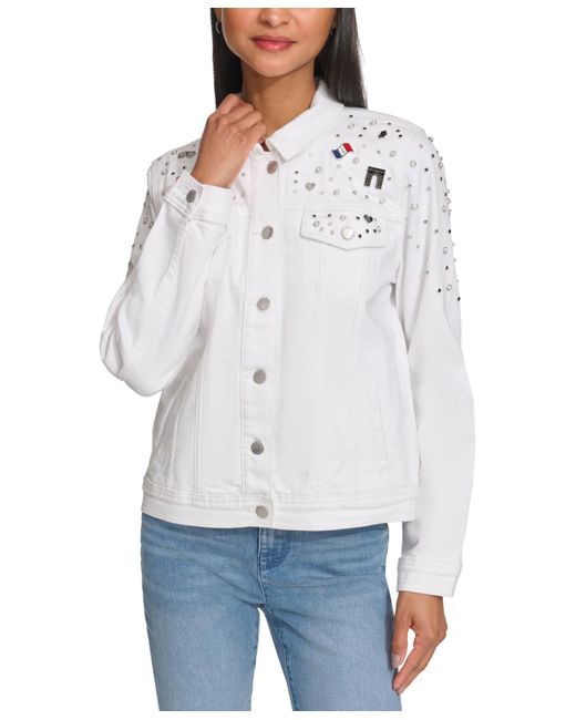 Karl Lagerfeld White Signature-pin Embellished Denim Jacket