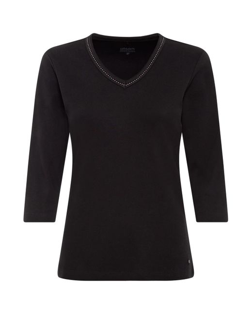Olsen Black 100% Organic Cotton 3/4 Sleeve Embellished V-neck T-shirt