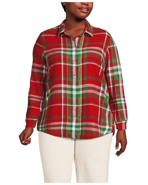 Lands' End Red Plus Size Flannel Boyfriend Long Sleeve Shirt