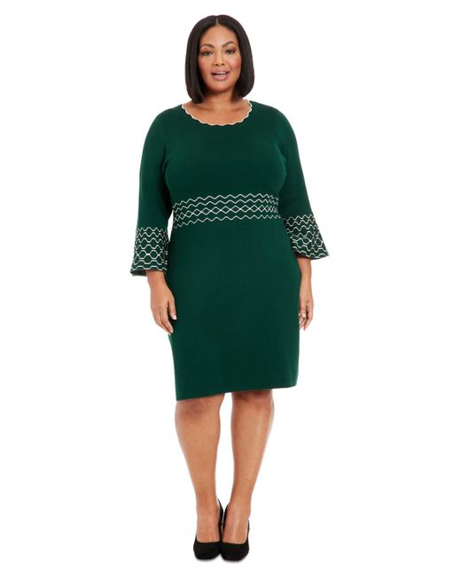 London Times Plus Size Contrast trimmed Bell sleeve Dress in Green Lyst