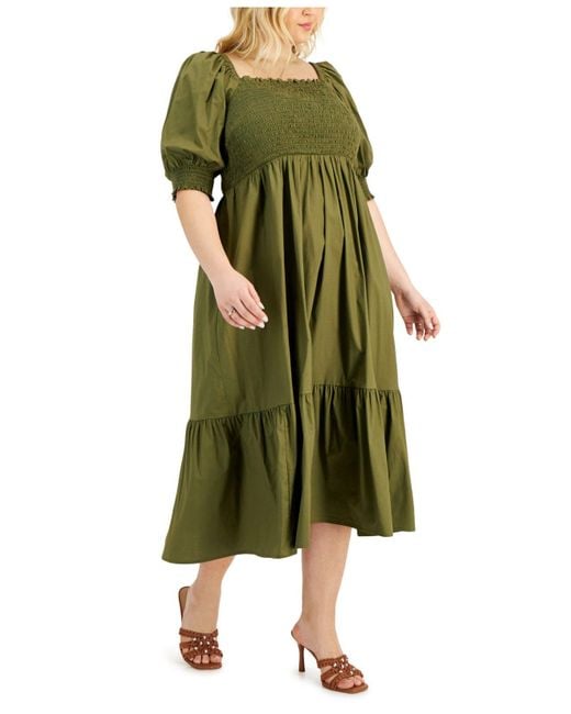 INC International Concepts Green Plus Size Smocked Puff-sleeve A-line Dress, Created For Macy's