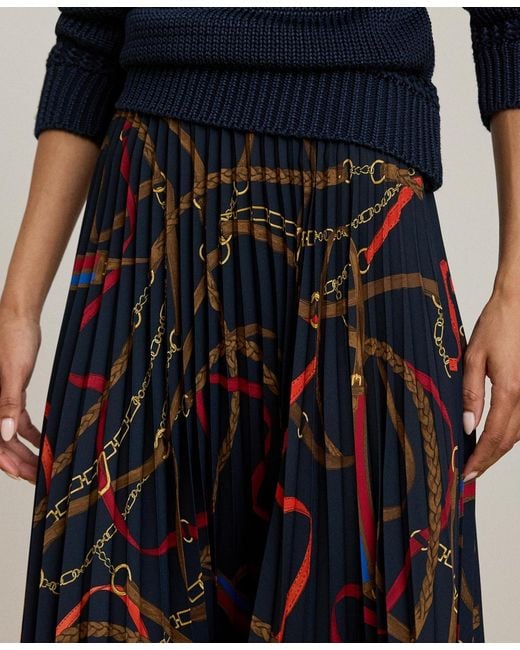 Ralph Lauren Blue Belting-print Pleated Midi Skirt