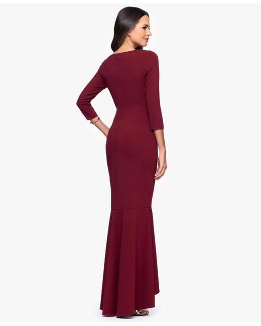 Betsy & Adam Red Long Cascading Ruffle Gown