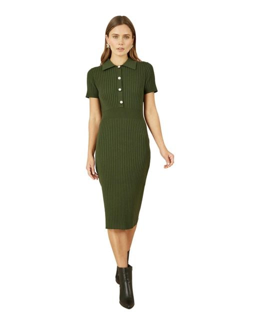 Yumi' Women's Green Fitted Rib Knitted Midi Dress