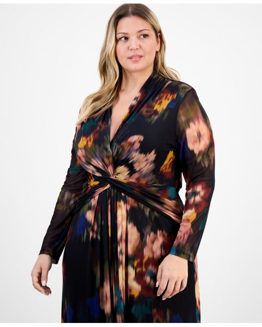 Anne Klein White Plus Size Long-sleeve Twist-front Mesh Maxi Dress