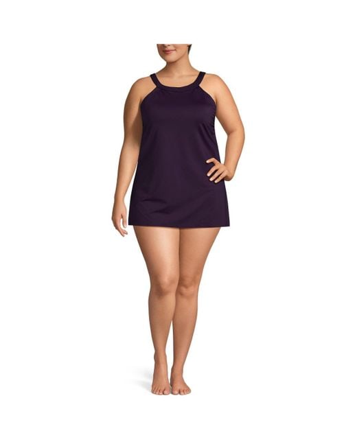 Lands' End Blue Plus Size Chlorine Resistant High Neck Swim Dress One Piece Swimsuit