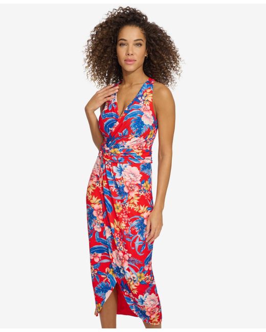 Siena Jewelry Red Floral Side-ruched Sleeveless Midi Dress