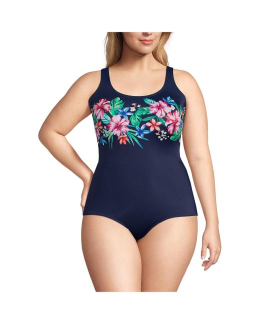 Lands' End Blue Plus Size Chlorine Resistant Tugless One Piece Swimsuit Soft Cup