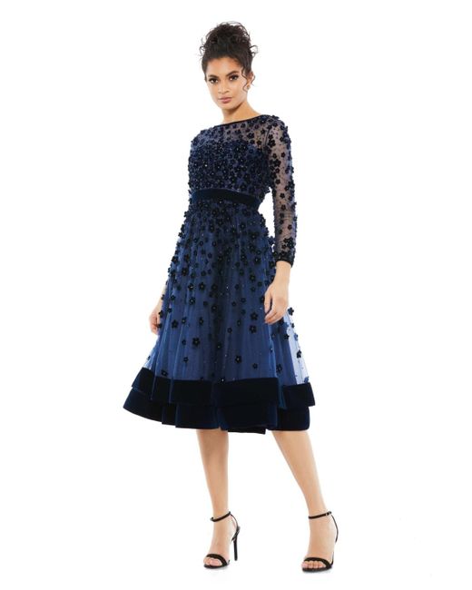 Mac Duggal Blue Embellished Illusion High Neck Long Sleeve Fit & Flare Dress