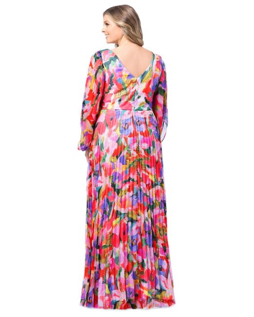 Betsy & Adam Red Plus Size Printed Pleated Long-sleeve Gown