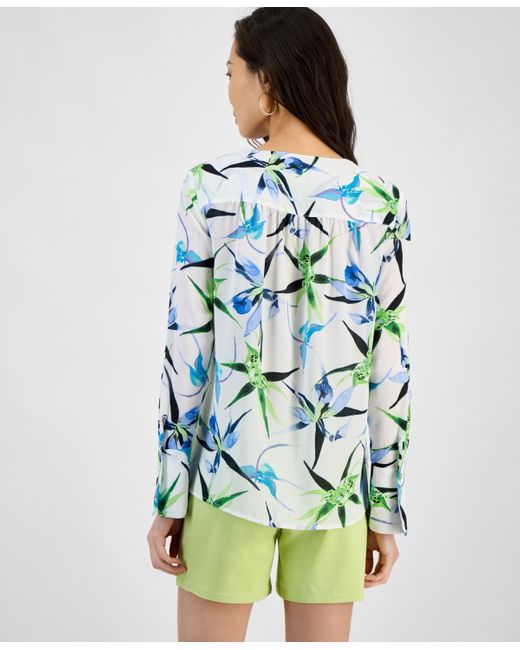 INC International Concepts Green Printed Surplice Long-sleeve Blouse