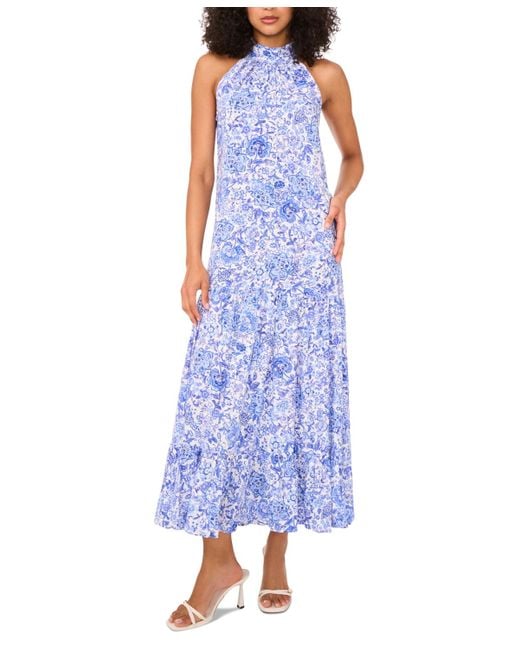 Msk Blue Printed Halter Sleeveless Maxi Dress